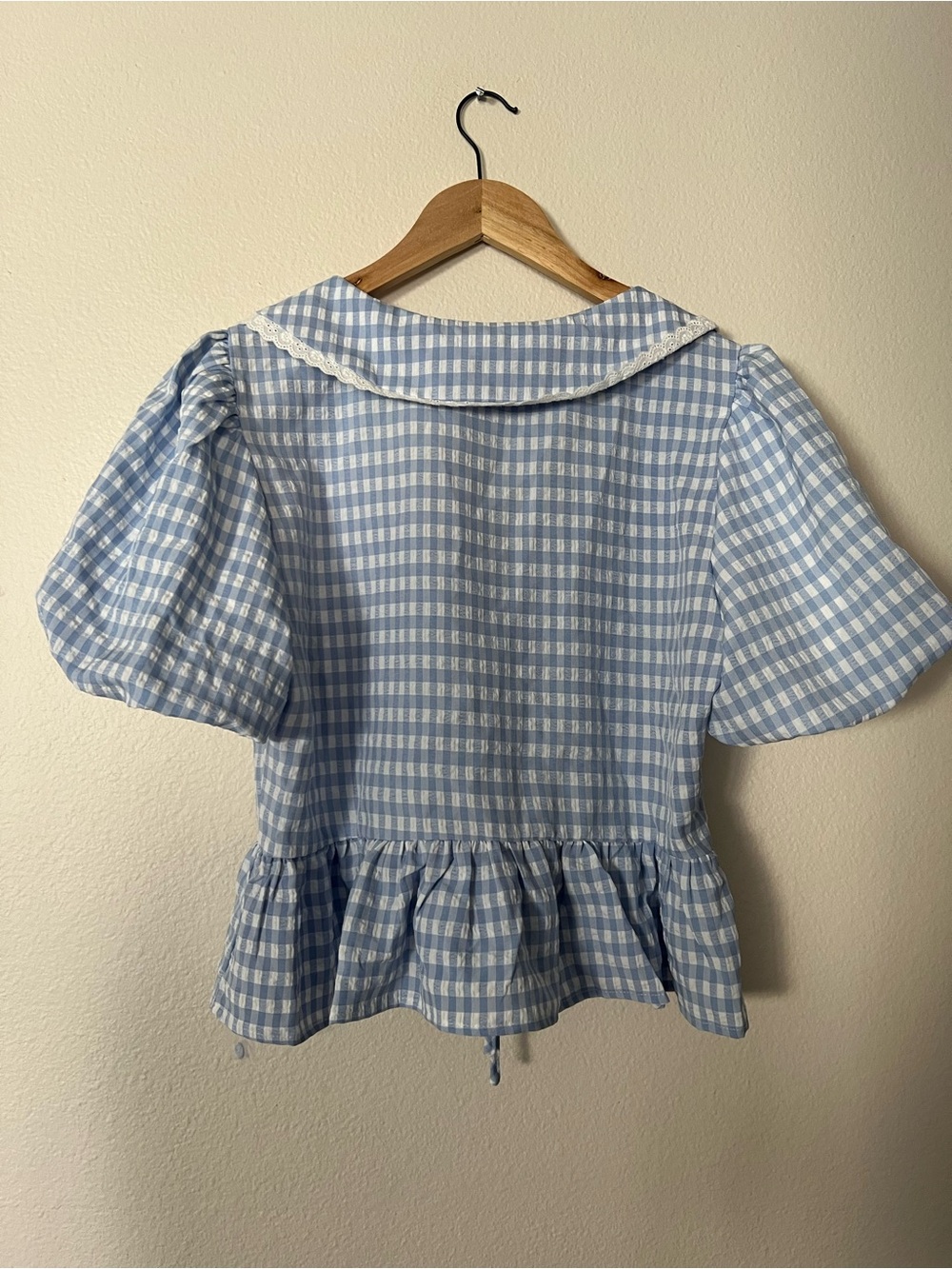 Altar'd State Blue and White Gingham Lace-Trim Puff Sleeve Top - Picture 3 of 4